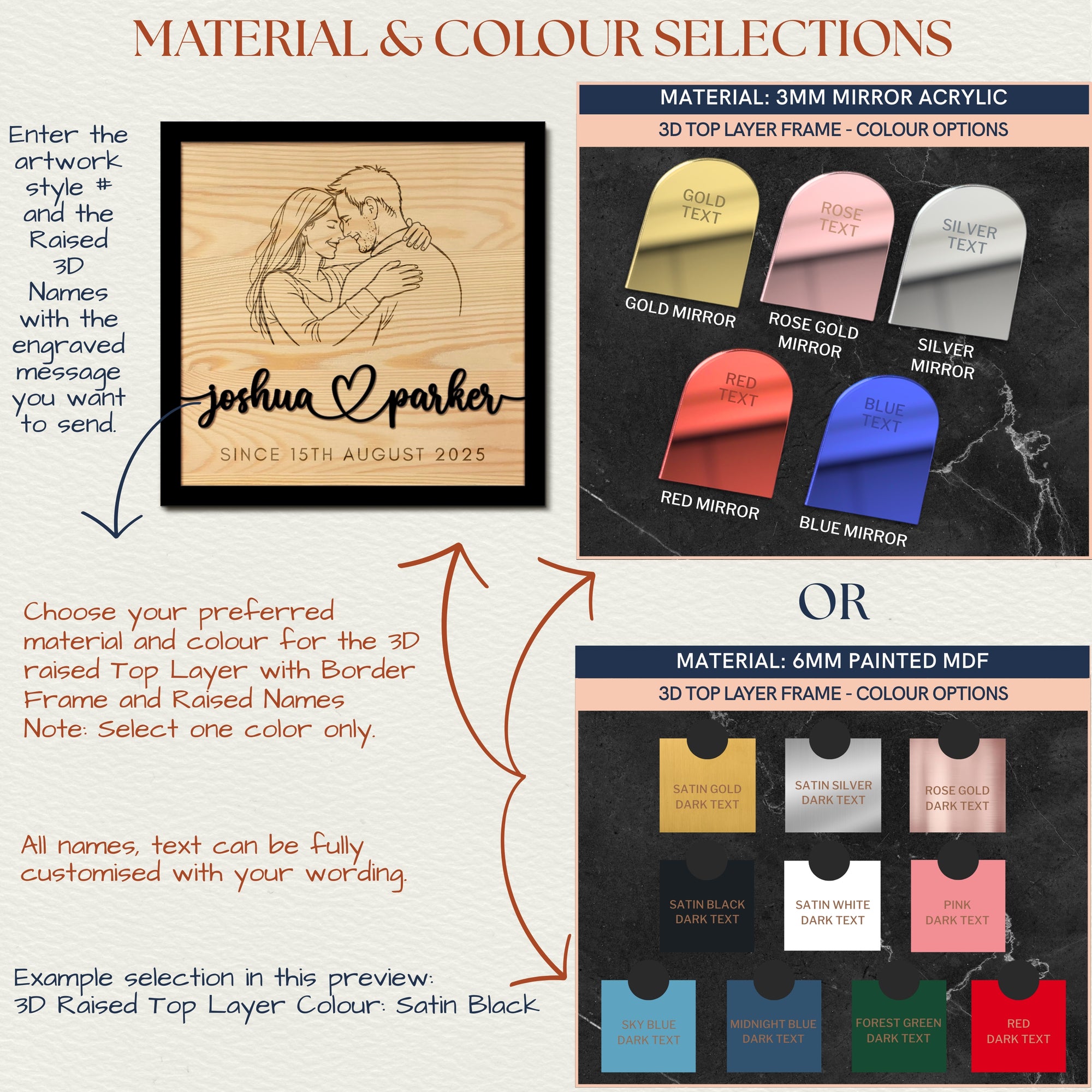 Product selection guide for 3D mirror acrylic and MDF frames with color options.