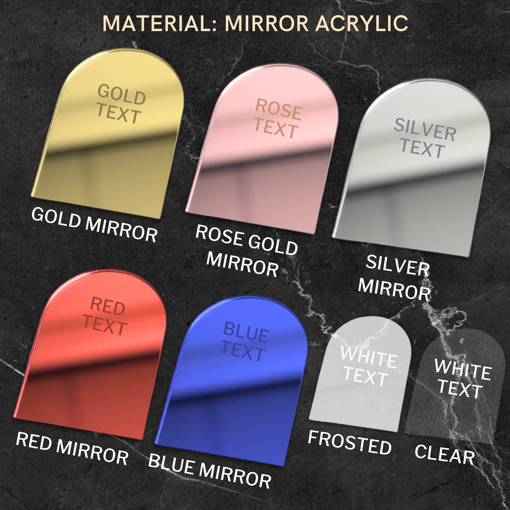Various mirror acrylic options with text color examples on a dark background