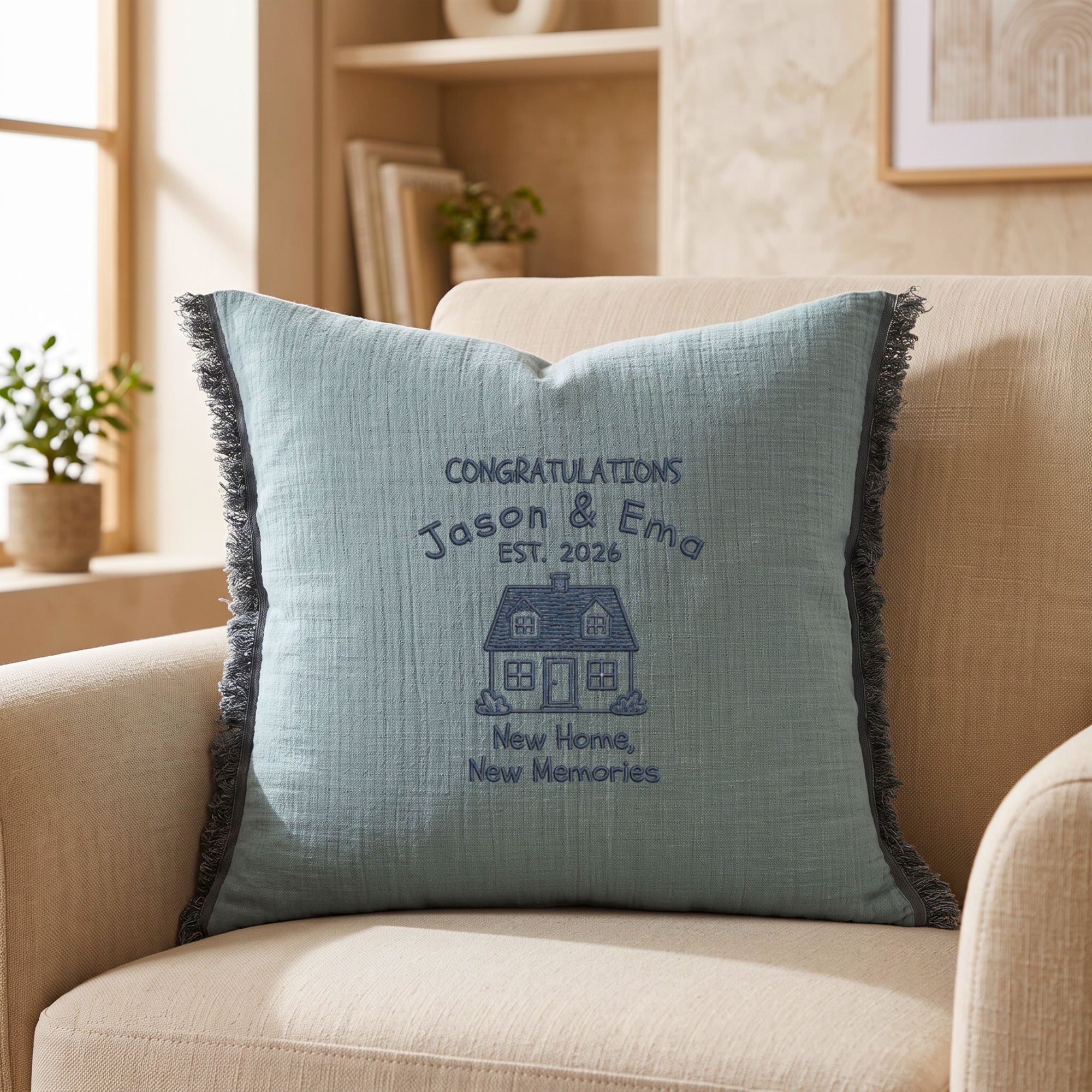 Custom embroidered cotton muslin cushion cover crinkled texture with raw frayed edges