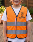 Custom embroidered kids hi-vis safety vest in fluoro yellow orange and pink