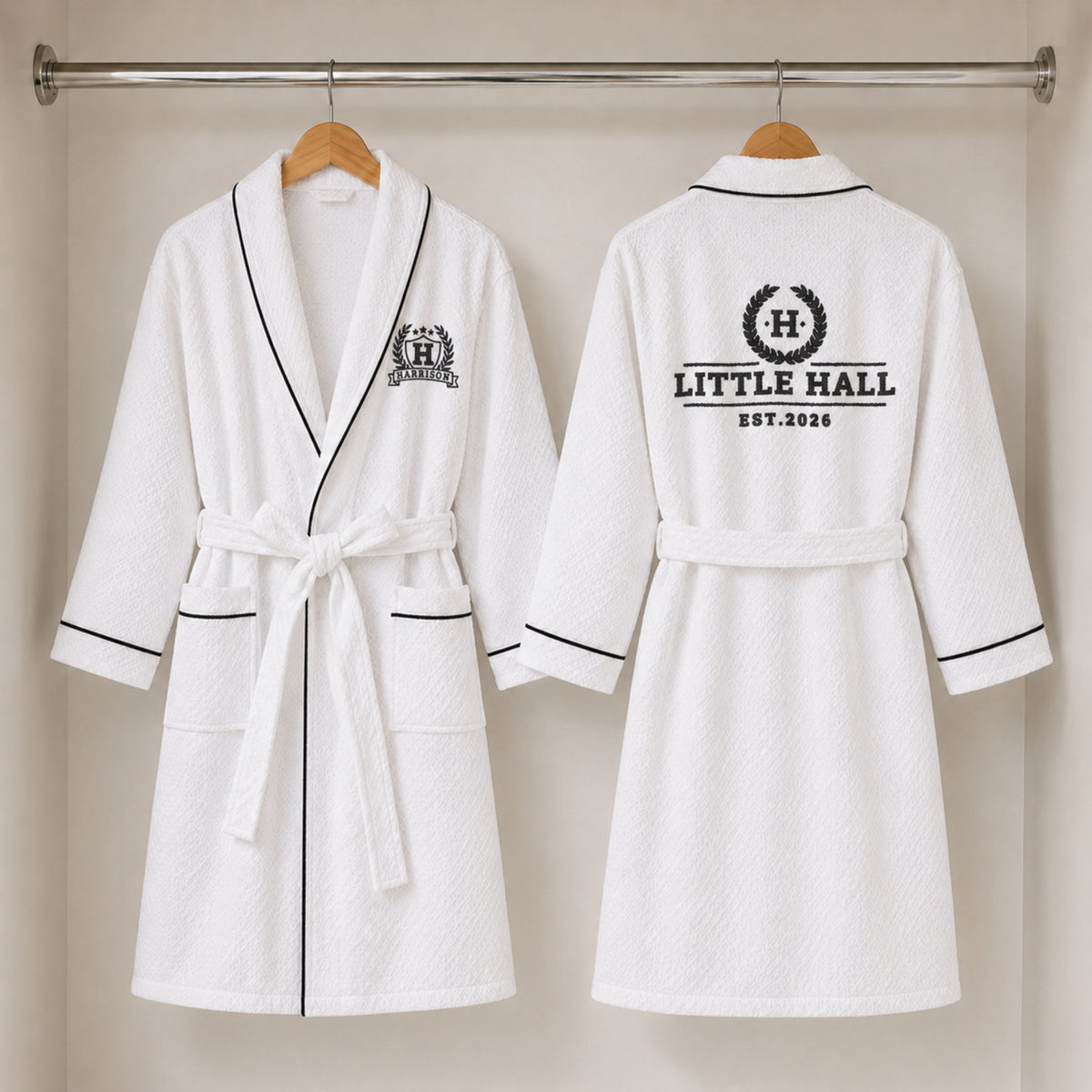 Custom embroidered waffle cotton kids bathrobe hanging in white