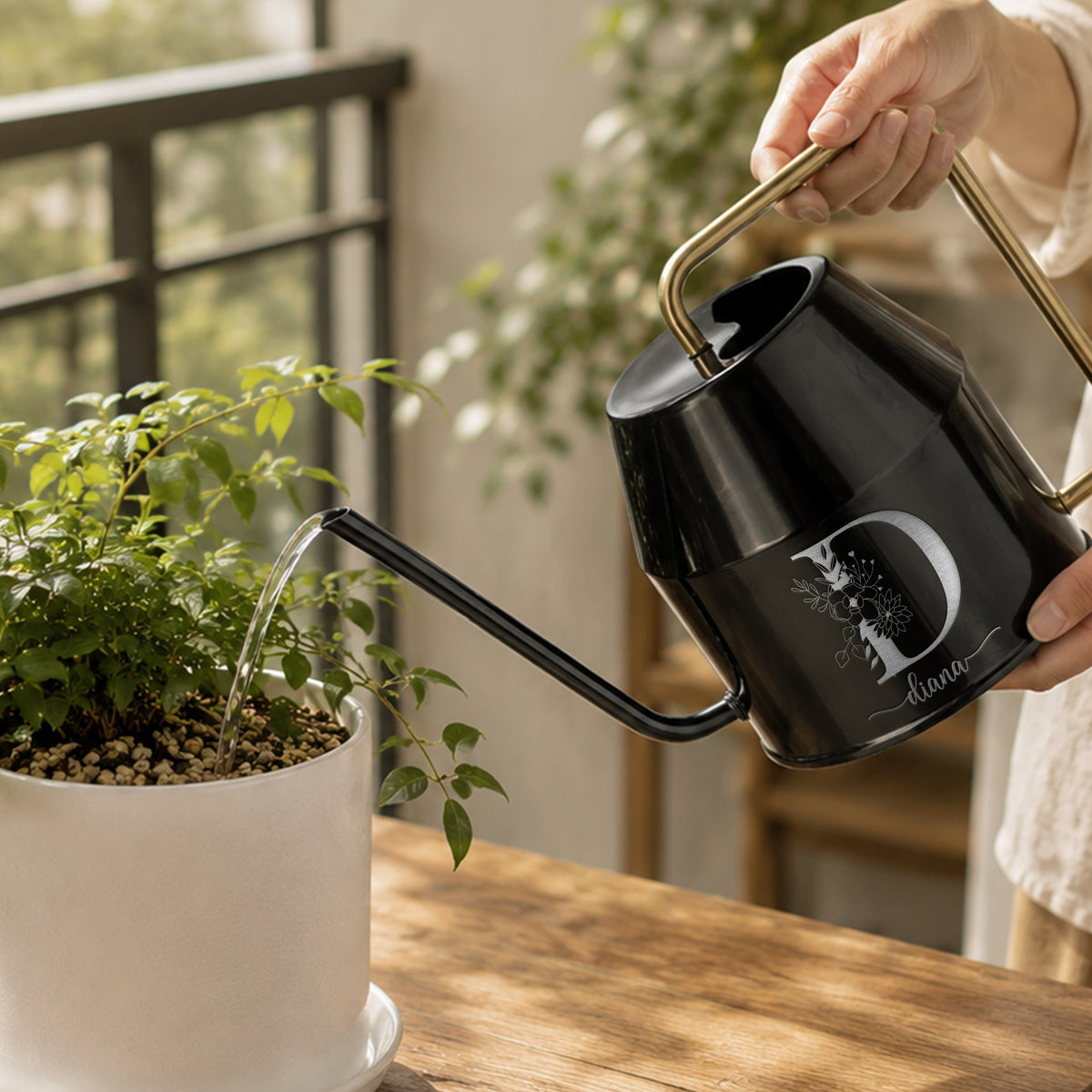 Custom engraved black 2L watering can with gold handle watering indoor plants