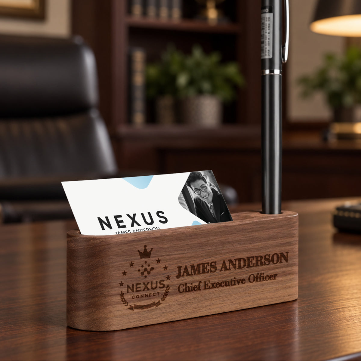 Custom engraved wooden desk name display in beech and walnut
