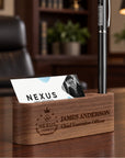 Custom engraved wooden desk name display in beech and walnut