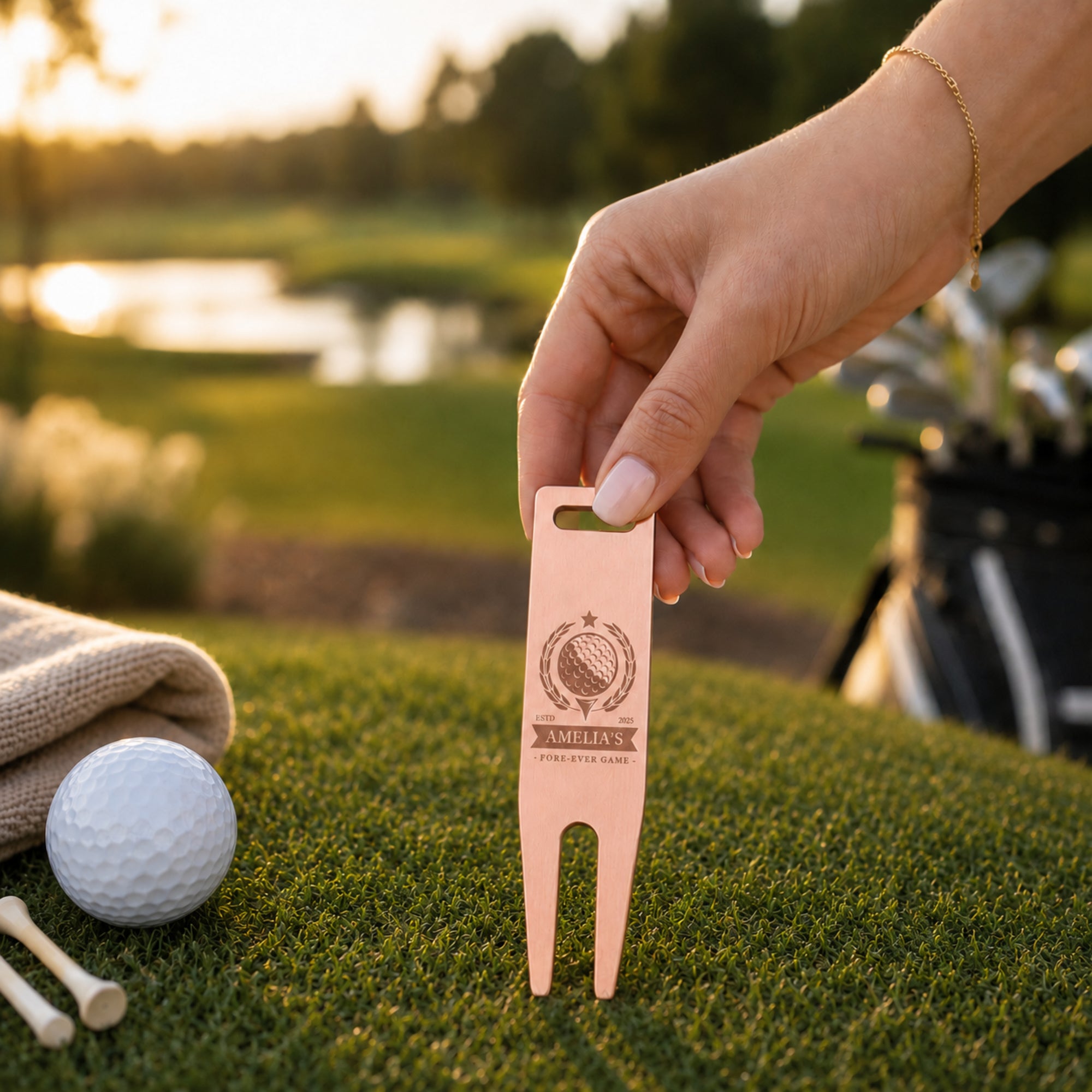Custom engraved golf divot repair tool in gold silver black and rose gold