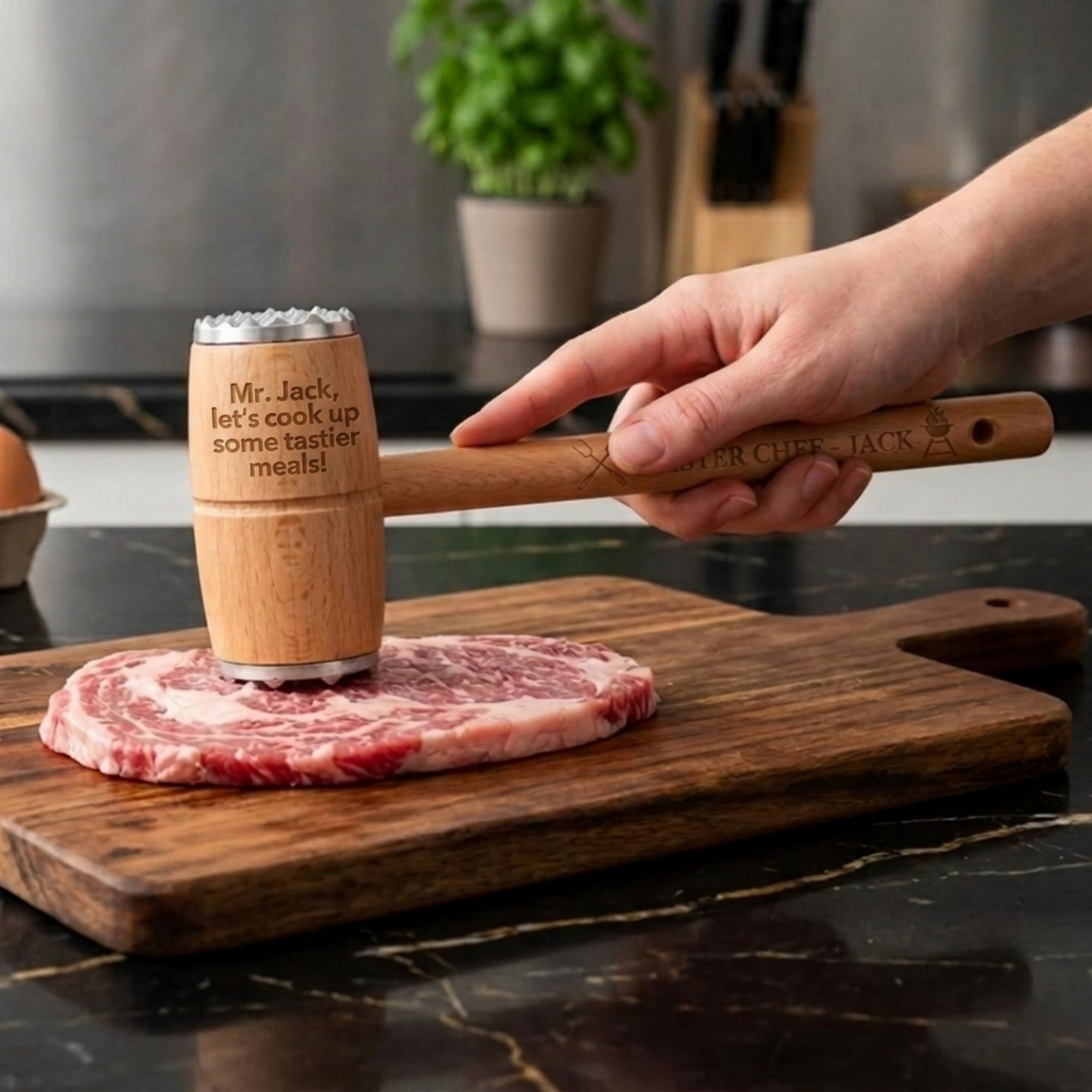 Custom engraved solid wood meat mallet tenderiser kitchen gift