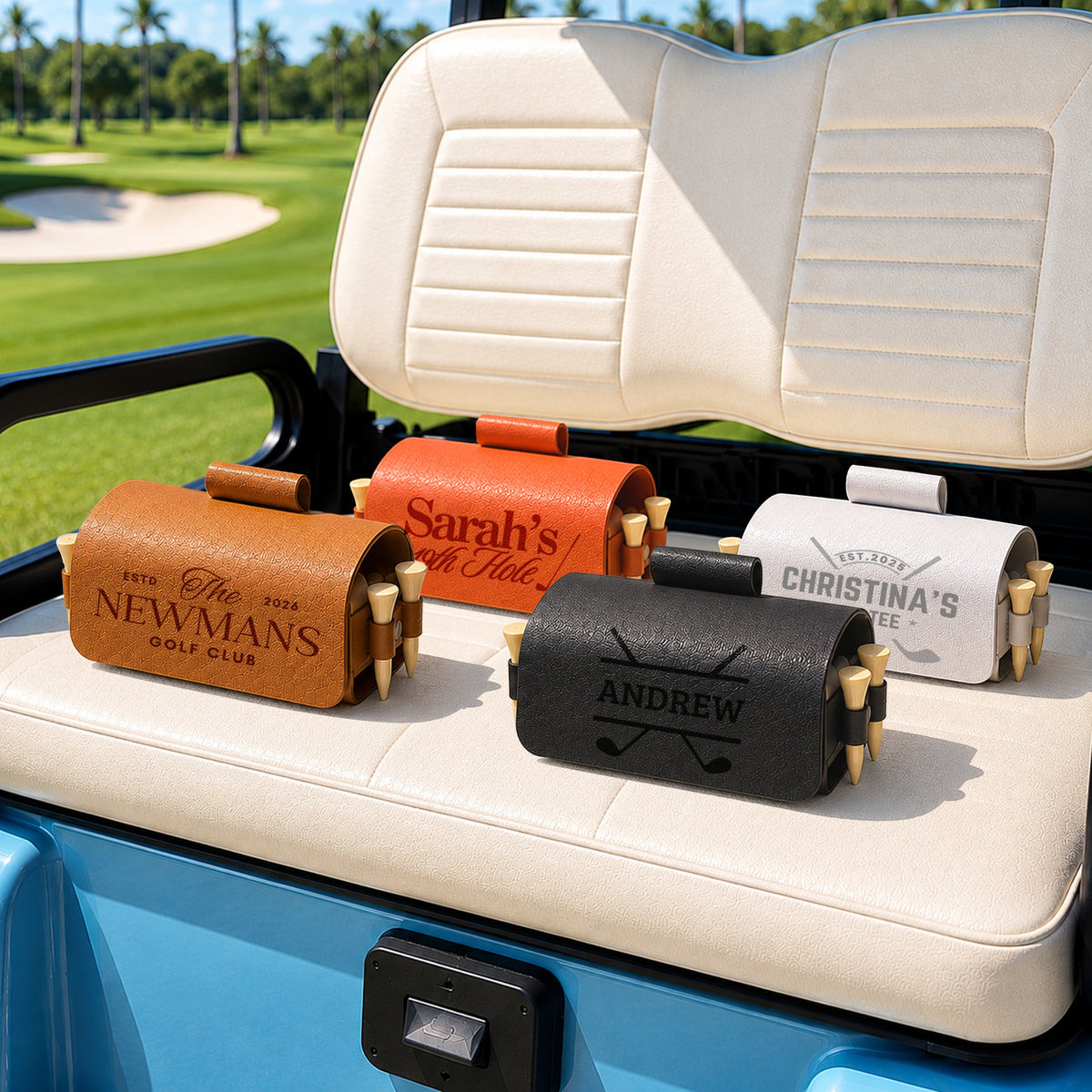 Custom engraved golf ball pouch holding 2 golf balls
