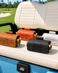 Custom engraved golf ball pouch holding 2 golf balls