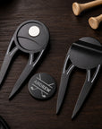 Custom engraved golf divot tool ball marker bottle opener in black blue silver red