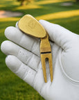 Custom engraved golf wedge divot repair tool in black silver gold and copper