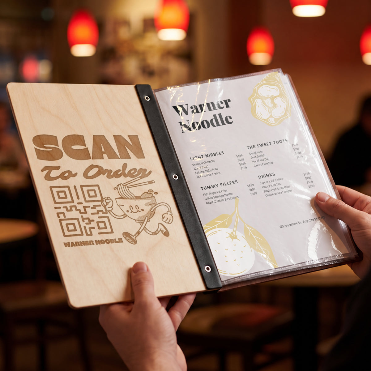 Custom restaurant menu cover with clear A4 insert pockets