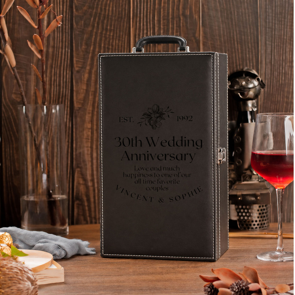 Custom UV printed leather twin wine box, a wedding and corporate gift
