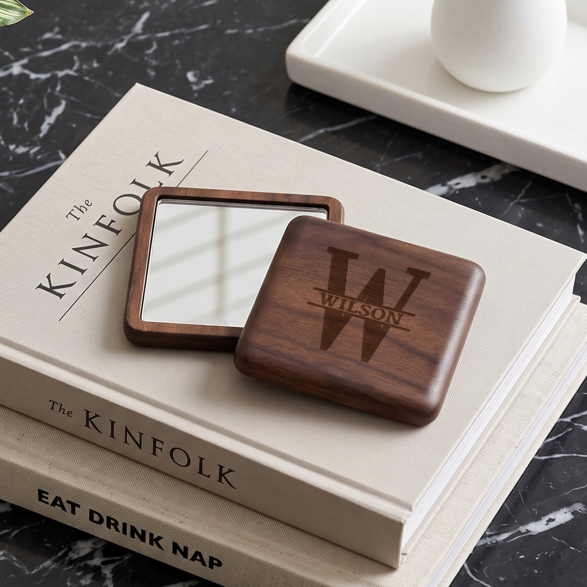 Custom wooden compact mirror in acacia and walnut