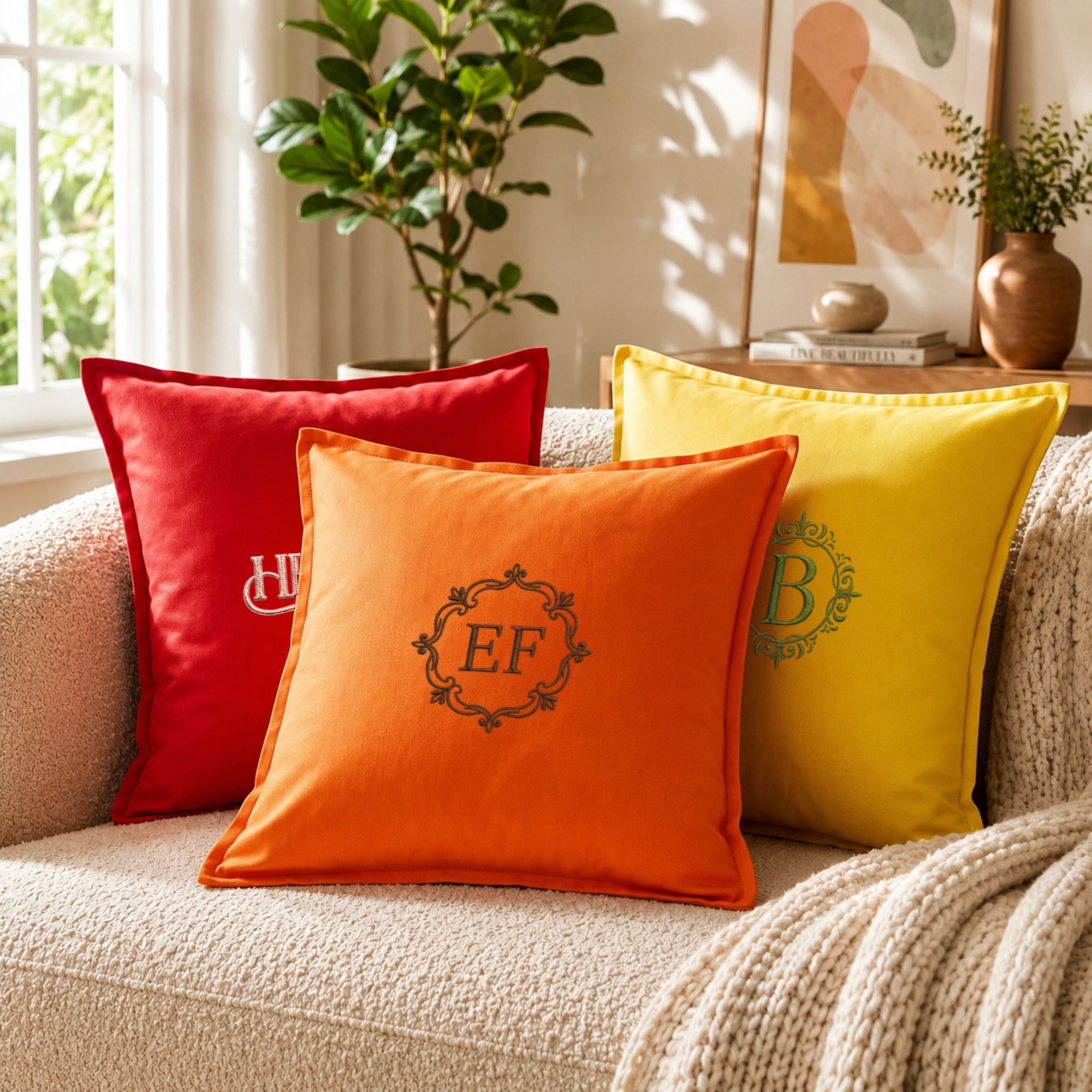 Close-up of embroidered name on personalised cotton cushion cover