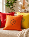 Close-up of embroidered name on personalised cotton cushion cover