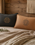 Close-up of embroidered name on personalised textured lumbar cushion cover pillowcase