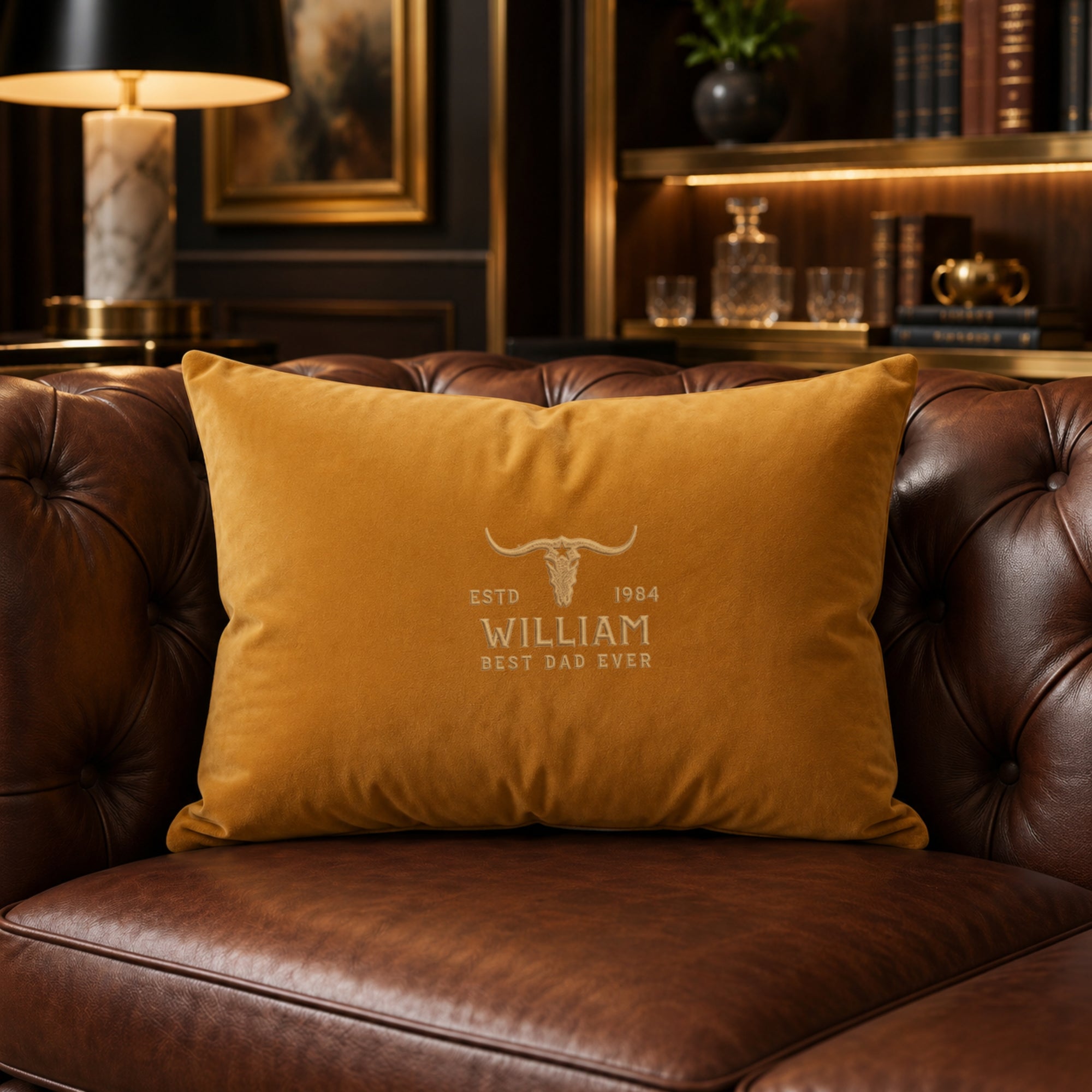 Close-up of embroidered name on personalised velvet lumbar cushion cover pillowcase
