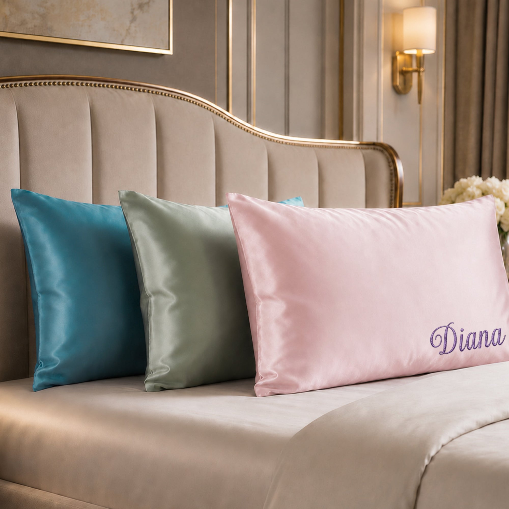 Embroidered satin pillowcase beauty sleep gift for hair and skin