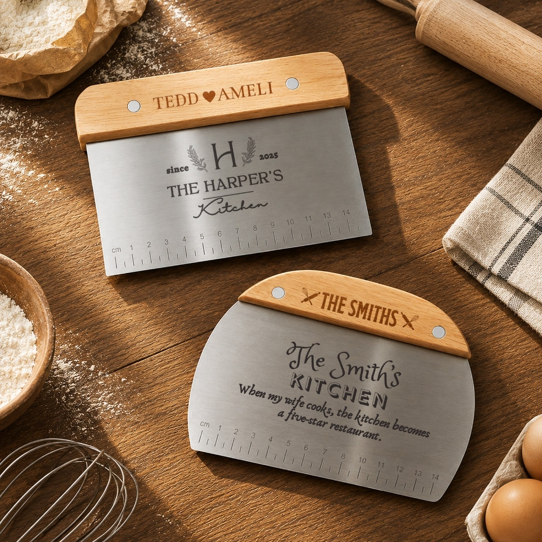 Personalised dough scraper with measuring scale and wooden handle