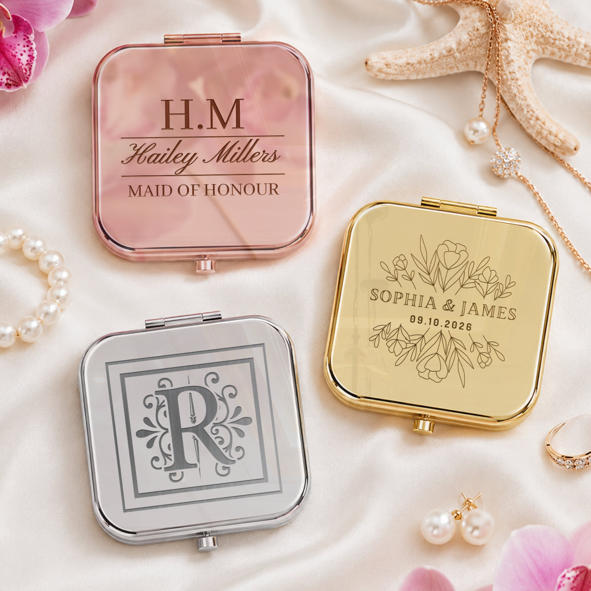 Engraved metal compact mirror, a bridesmaid gift