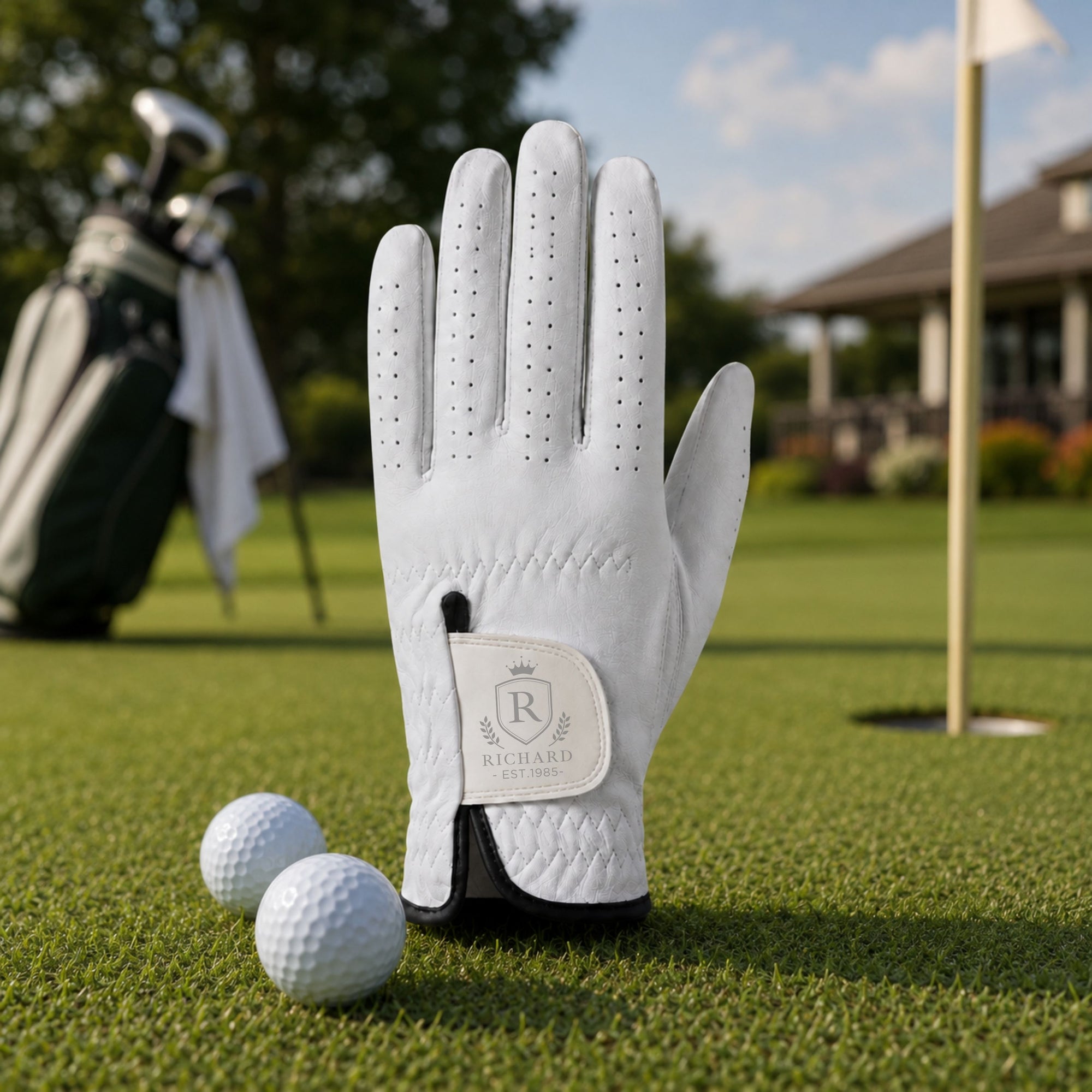 Close-up of personalised name on white leather golf glove