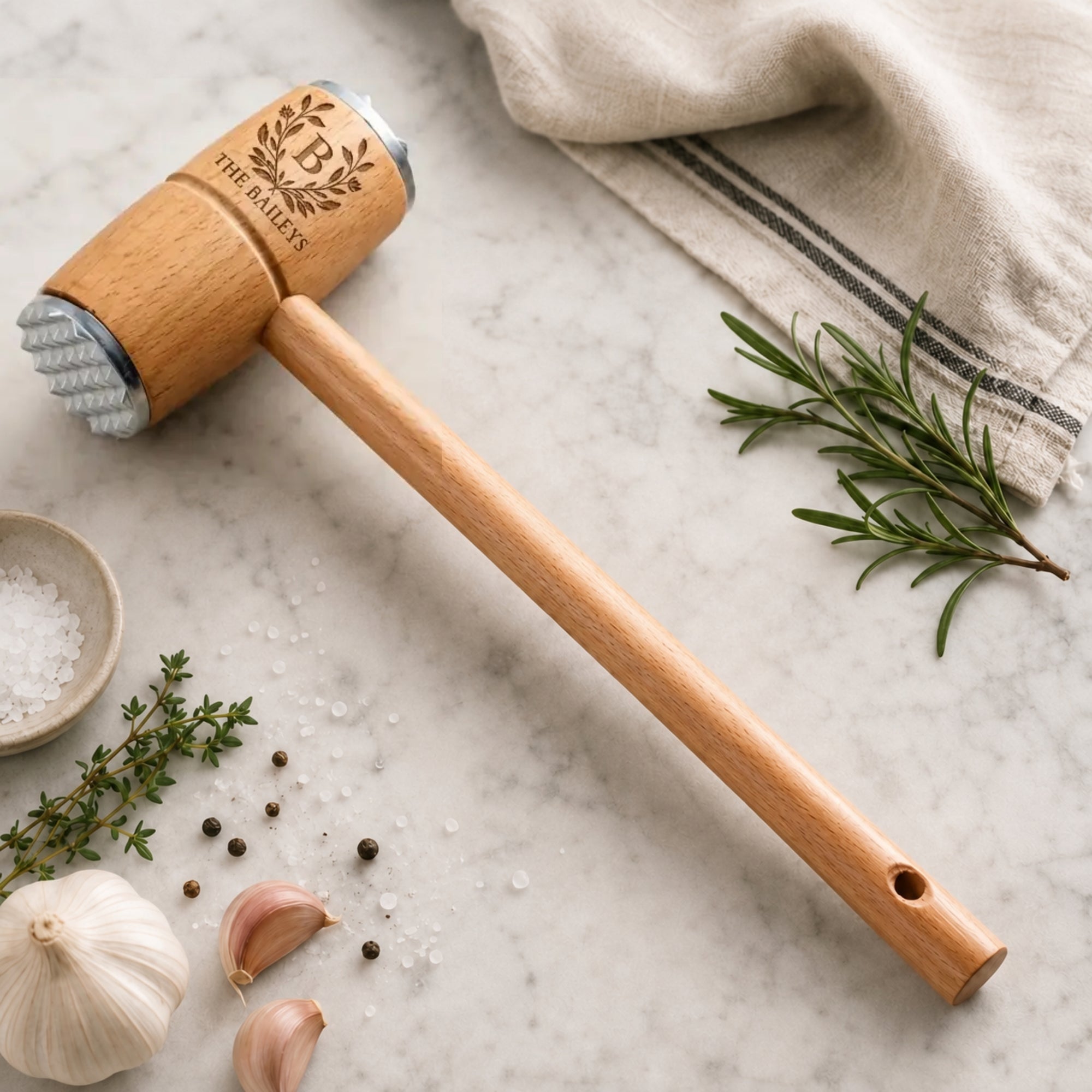 Close-up of engraved name on personalised wooden meat tenderiser hammer
