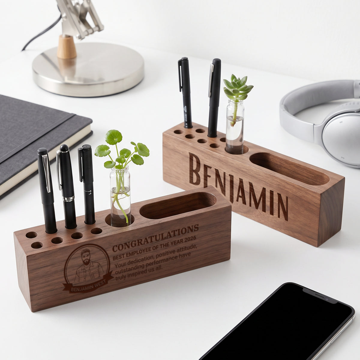 Engraved office desk organiser and name plate gift