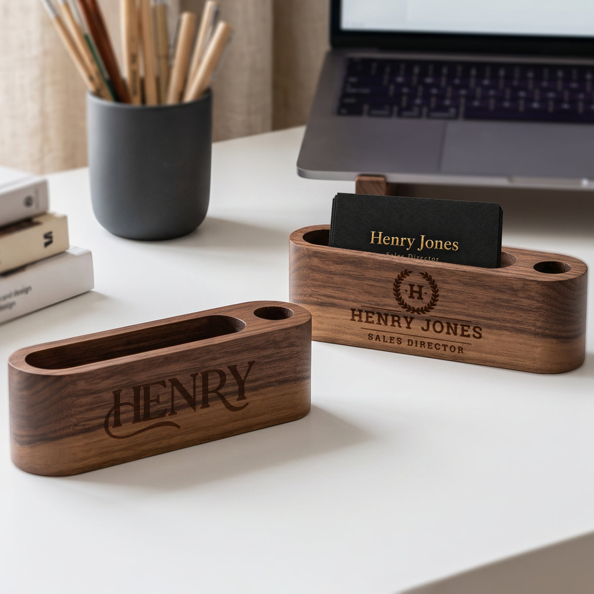 Engraved office name plate with pen holder, a desk gift