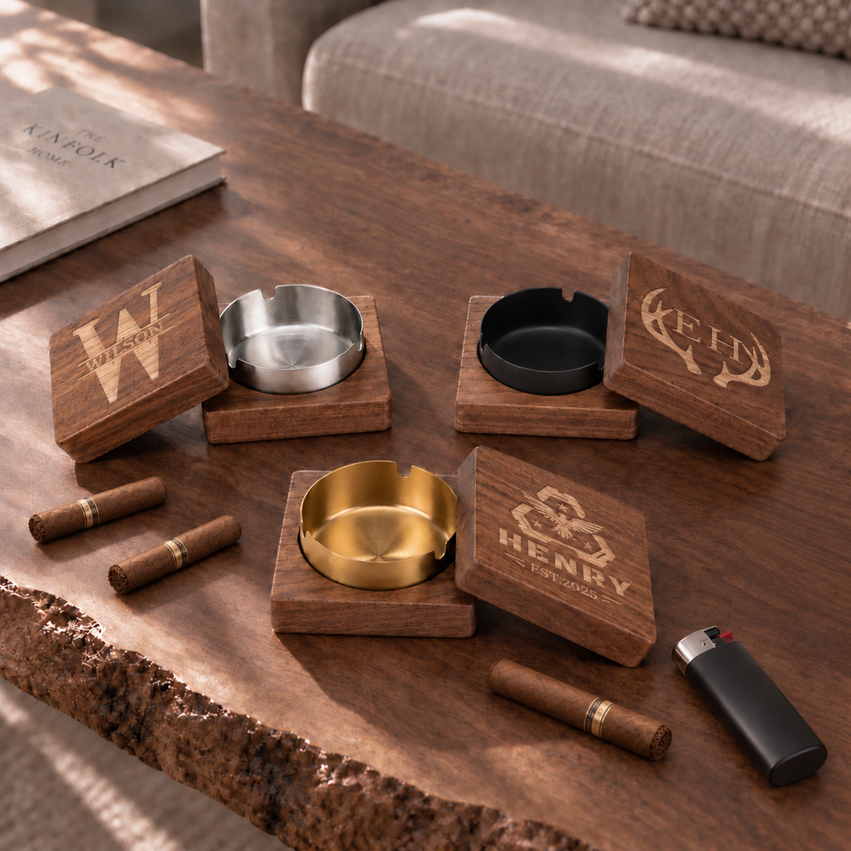 Engraved walnut ashtray with lid, product dimensions
