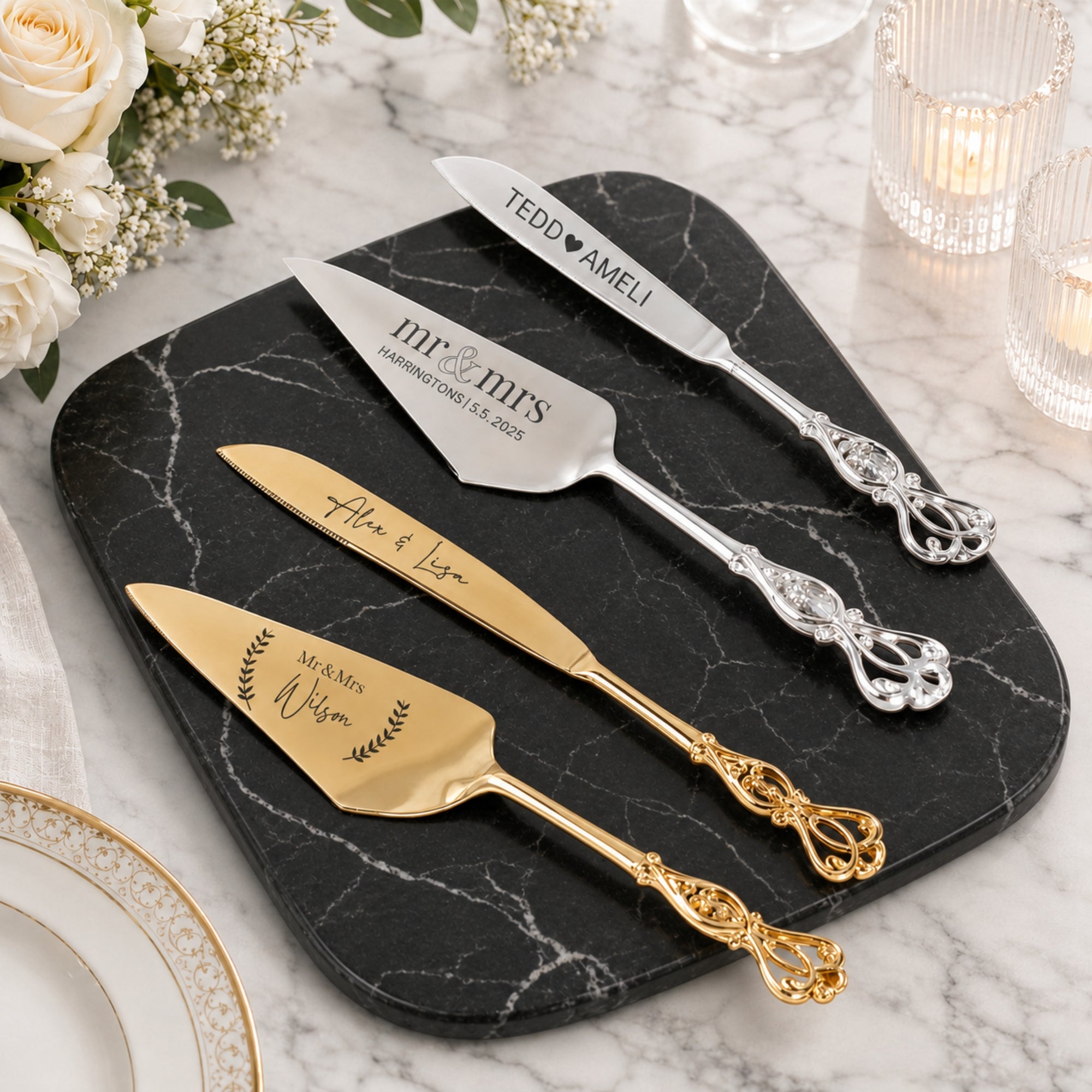 Engraved wedding cake knife and server set silver gold