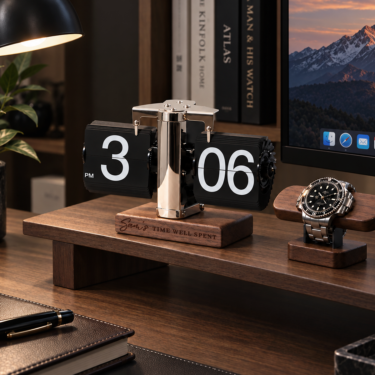 Engraved wooden base auto-flip desk clock