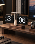 Engraved wooden base auto-flip desk clock