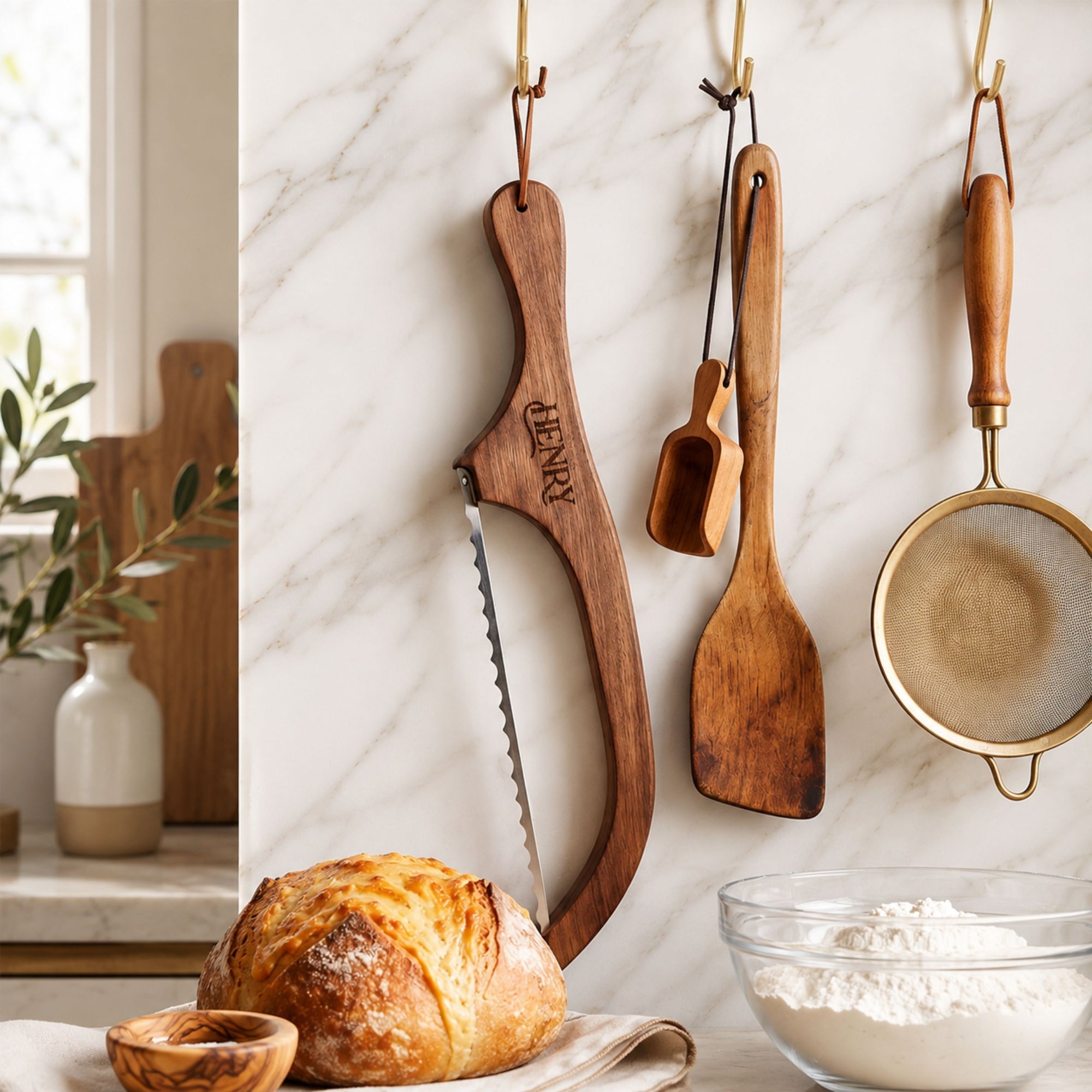 Engraved wooden bread knife in kitchen