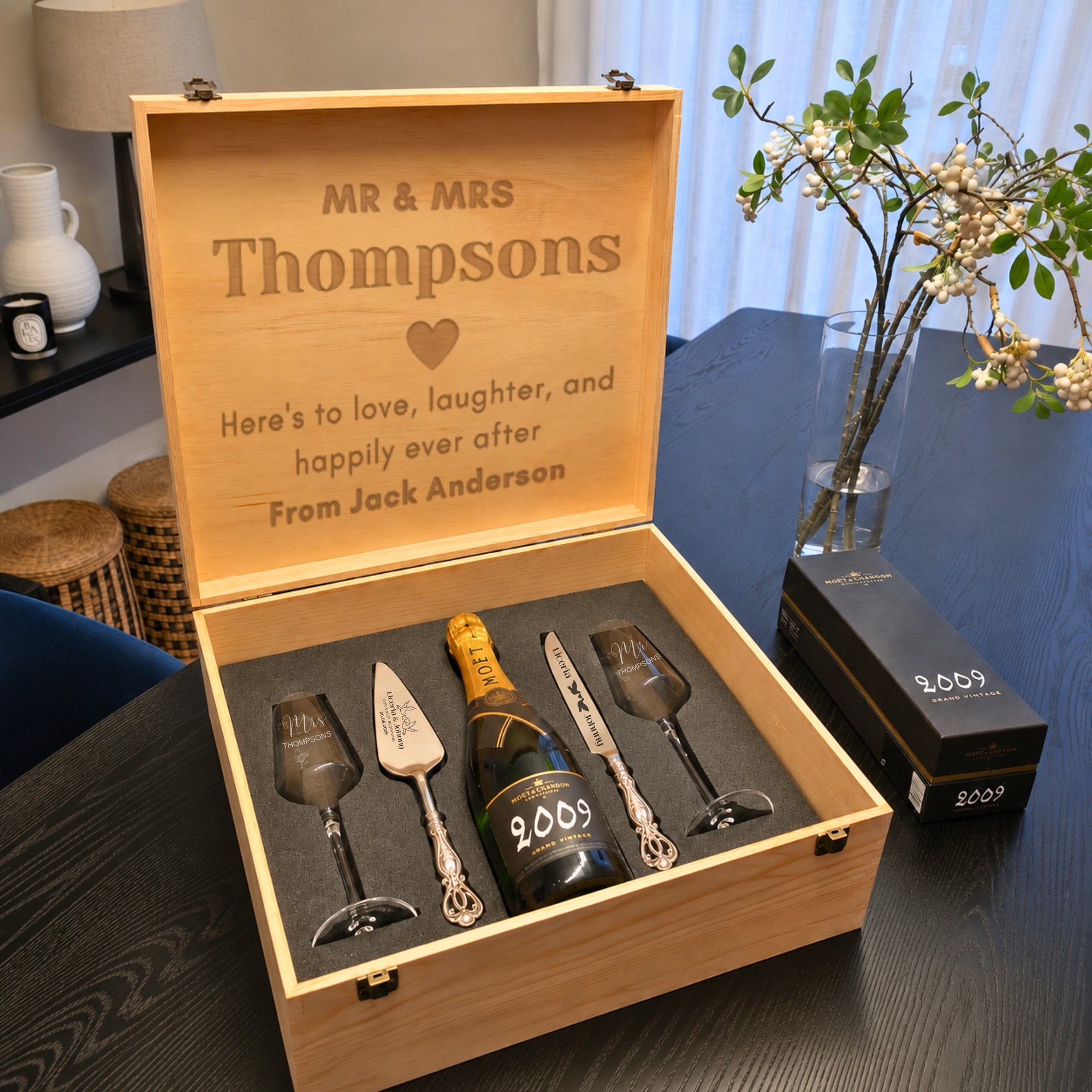 Engraved wooden gift box with cake knife server and champagne flutes