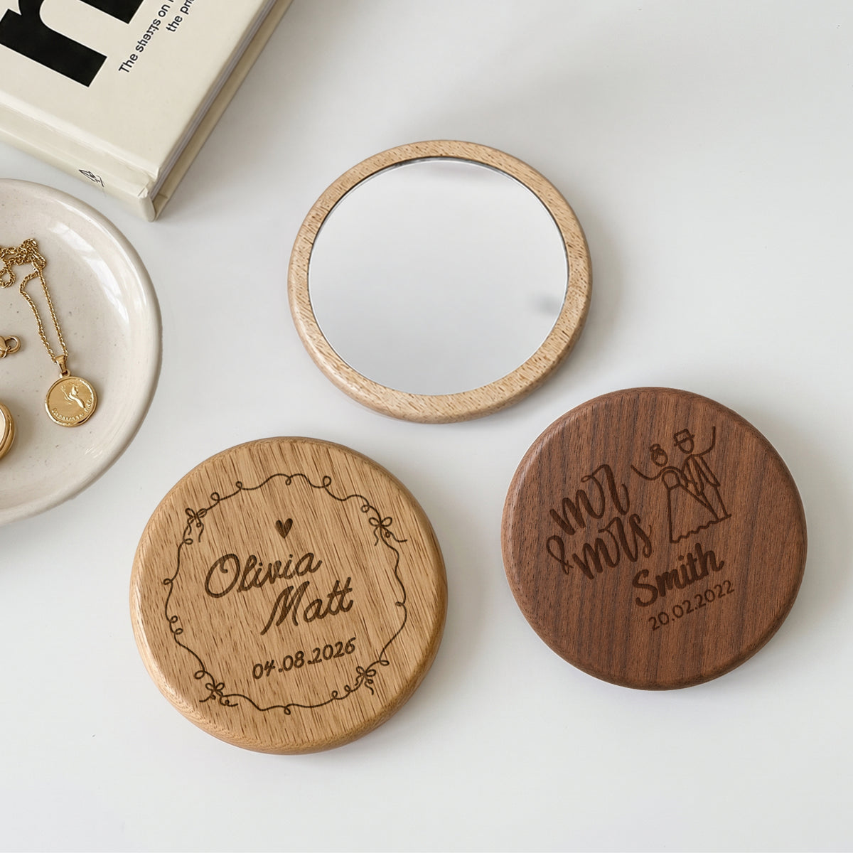 Engraved wooden pocket mirror, a bridesmaid favour gift