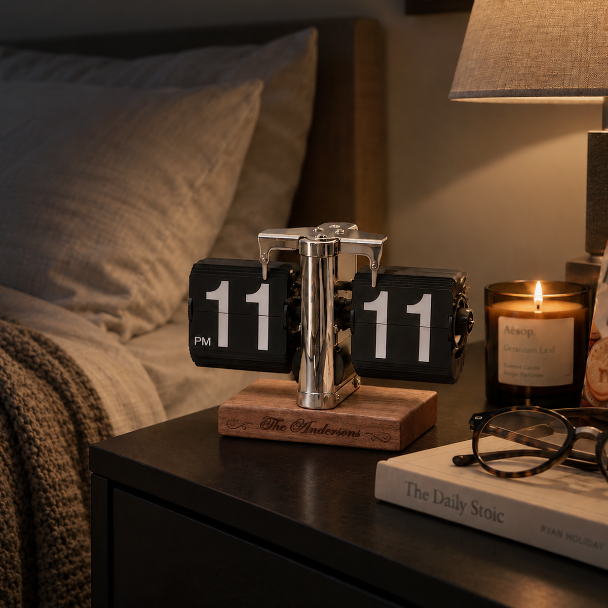 Auto-flip desk clock in white with beech base and black with walnut base