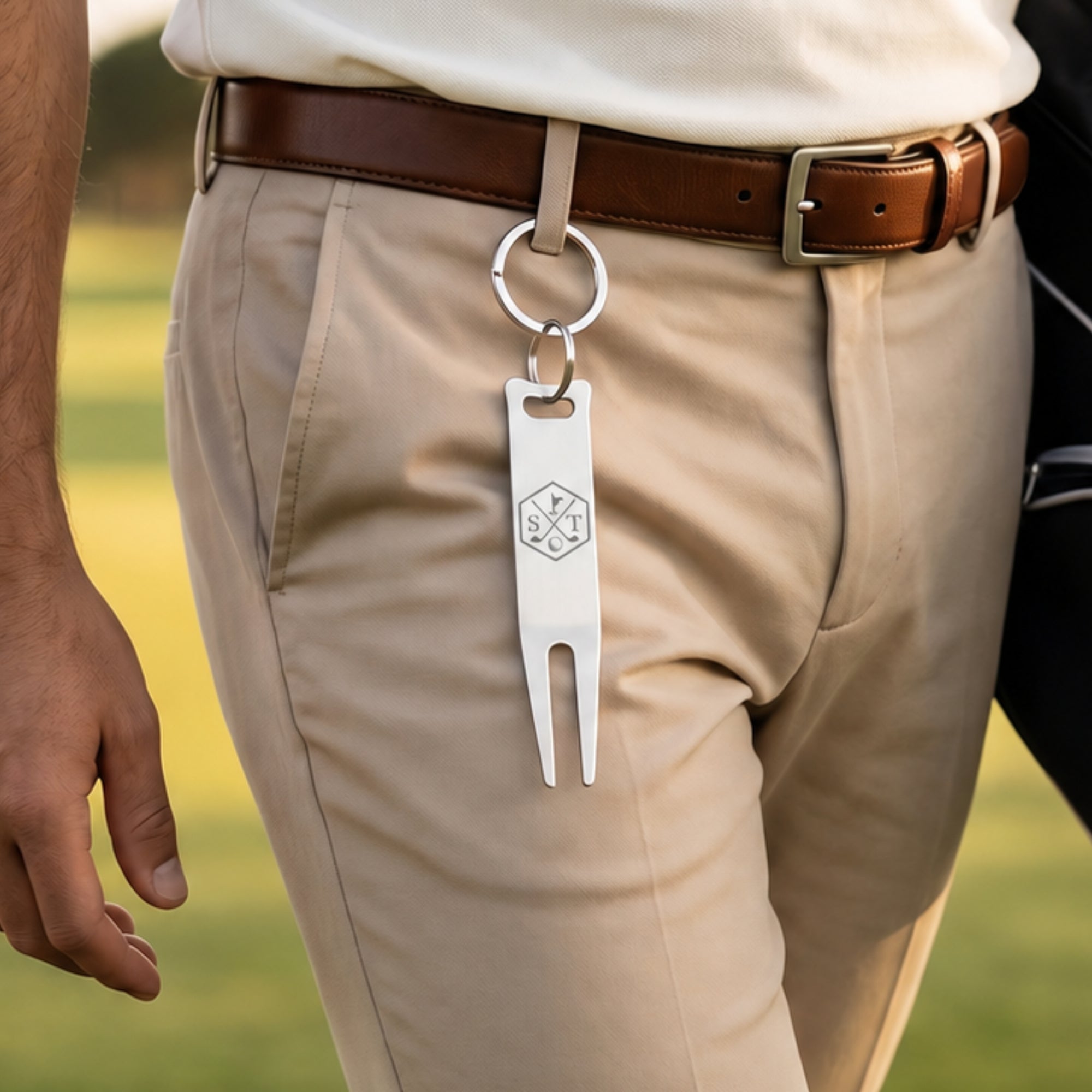 Personalised golf pitch mark repair tool with forked end golfer gift