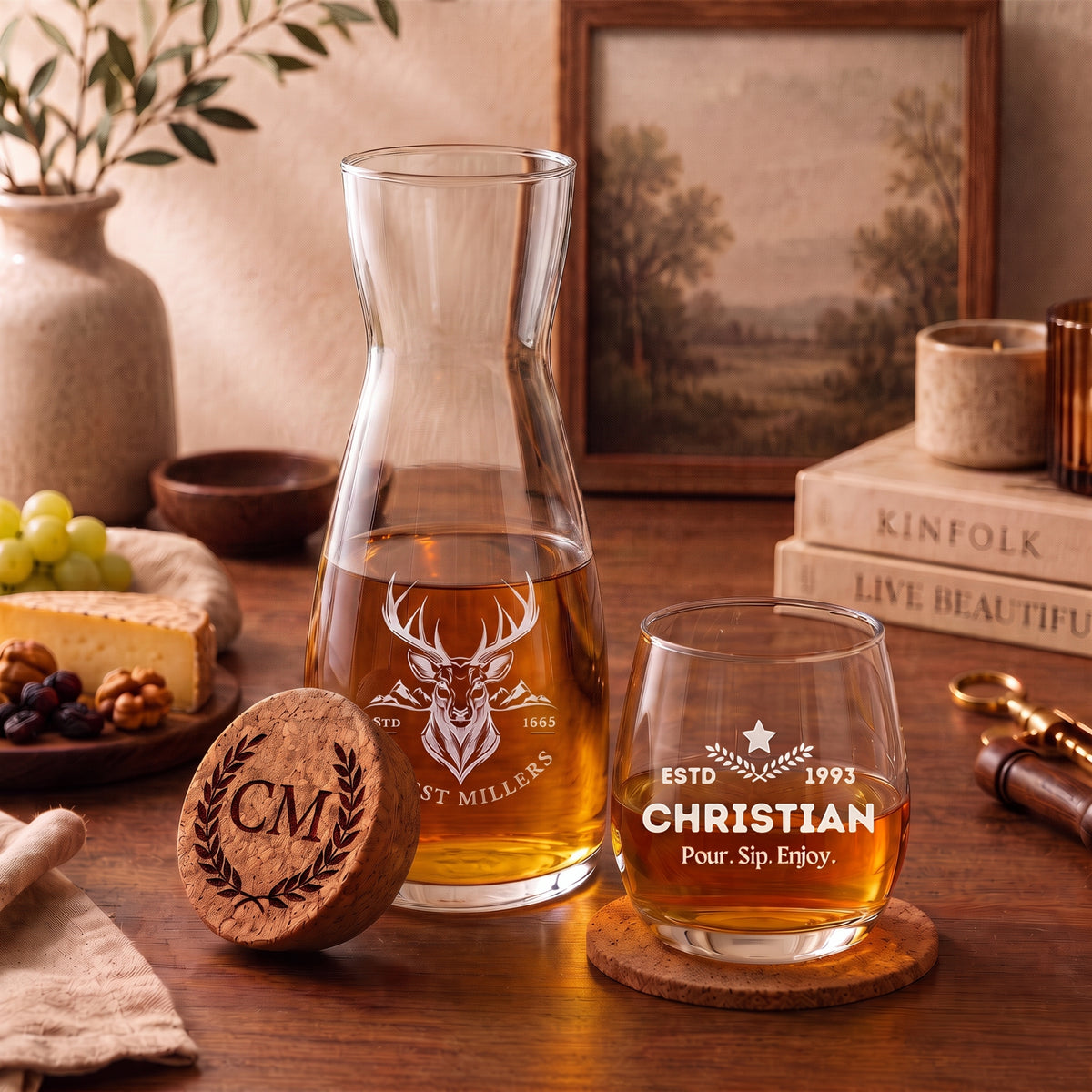 Laser engraved carafe drinkware gift set