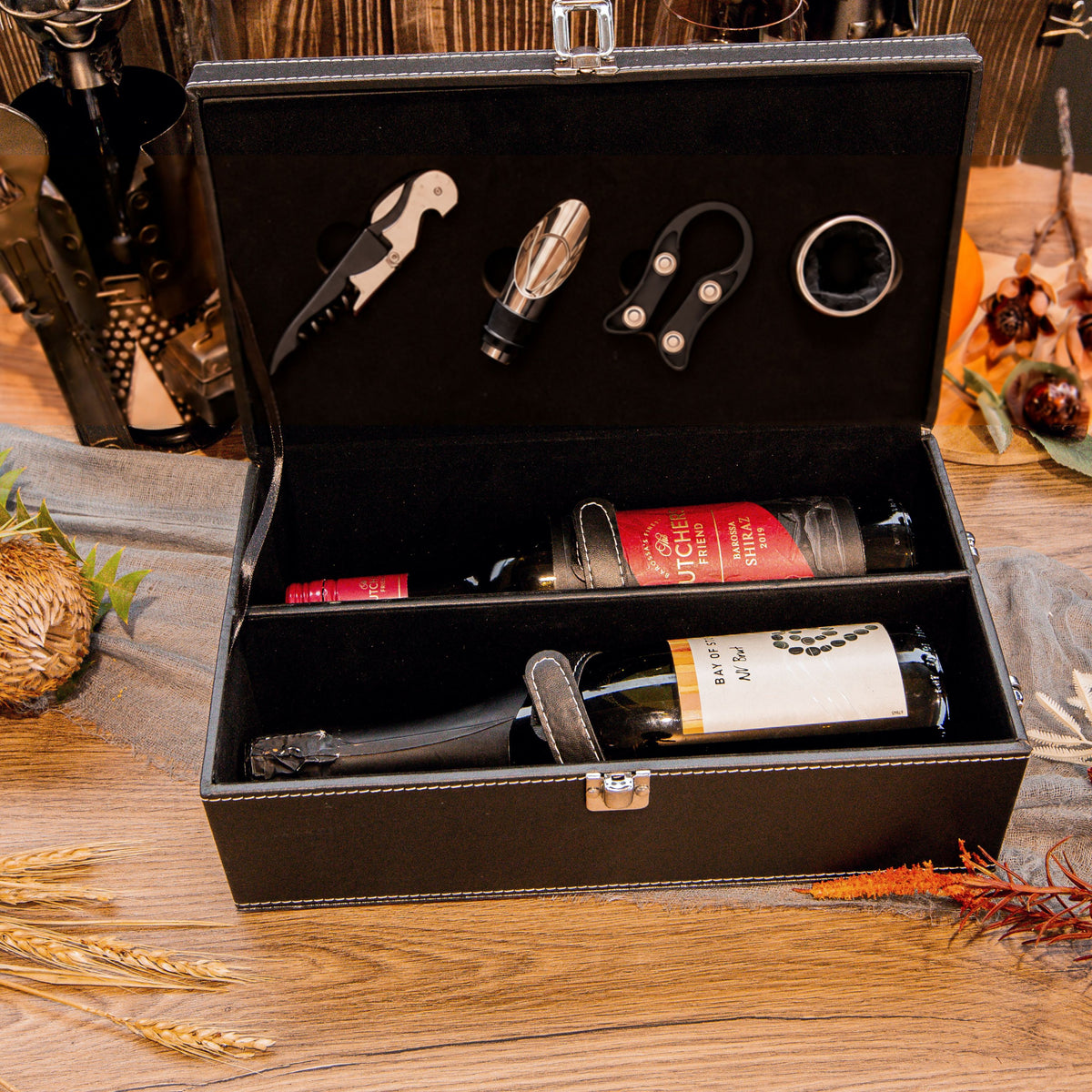 Leather double-bottle wine gift box with wine tool set
