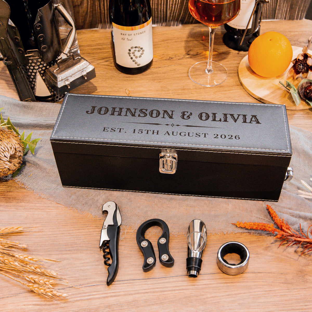 Leather single-bottle wine gift box with wine tool set