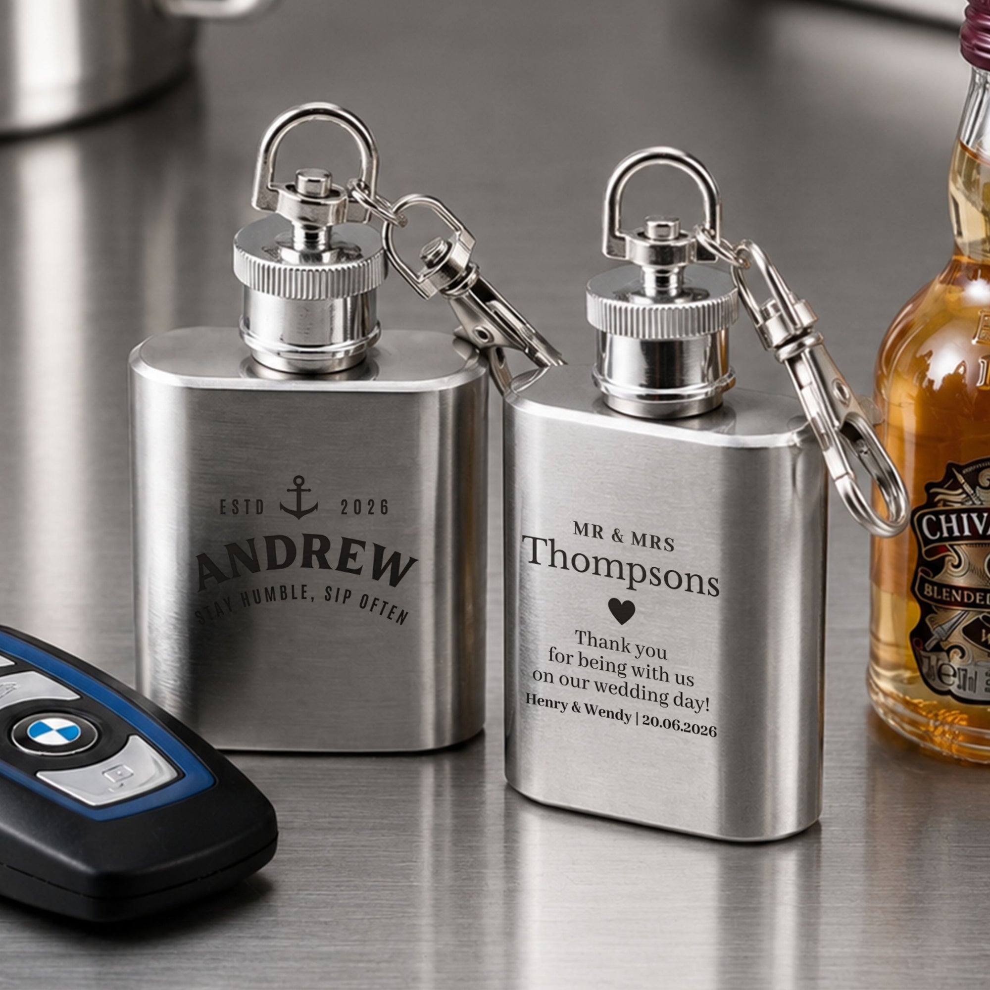 Mini hip flask keyring with swivel hook bridesmaid groomsman bridal party favour