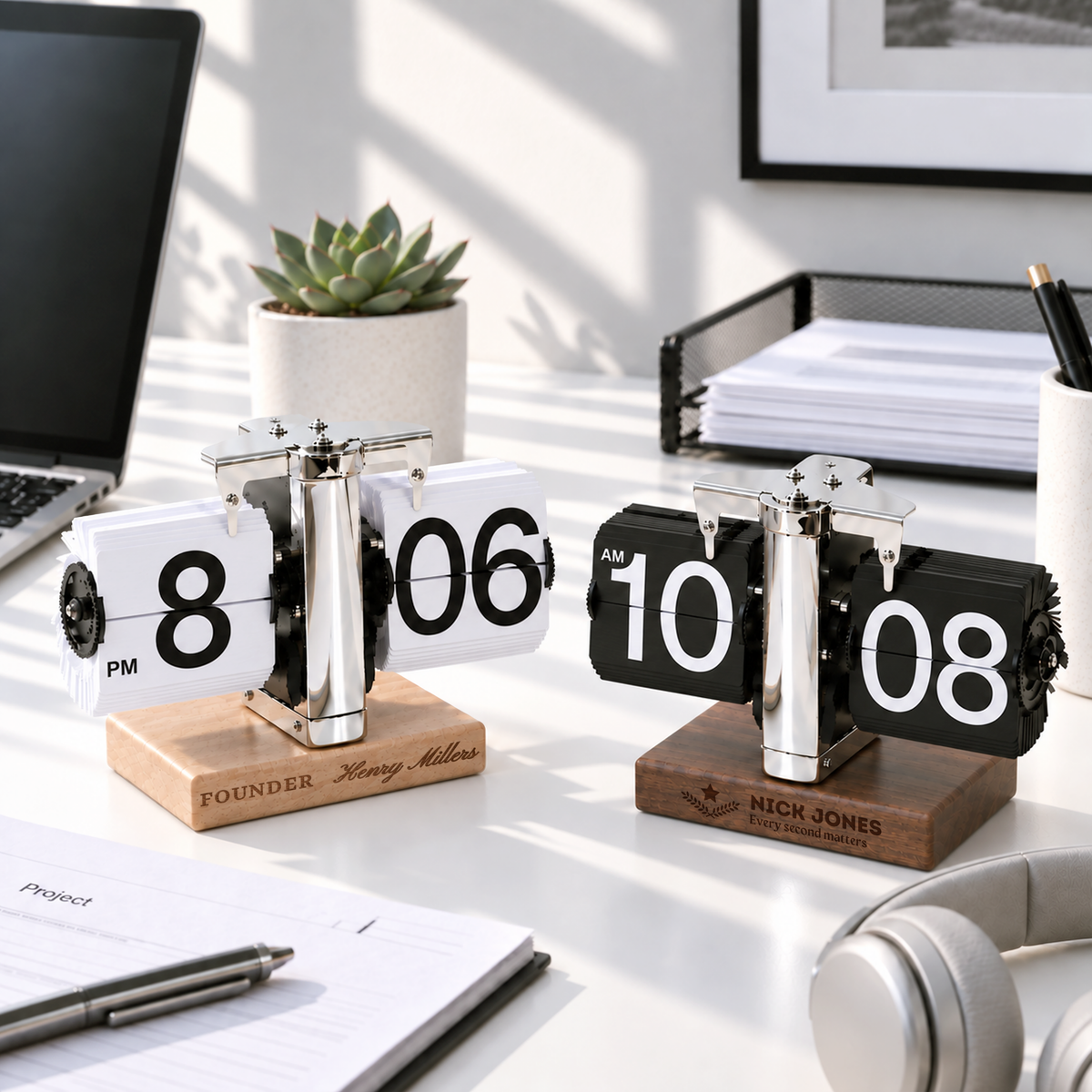 Personalised engraved auto-flip page-turning desk clock on a wooden base