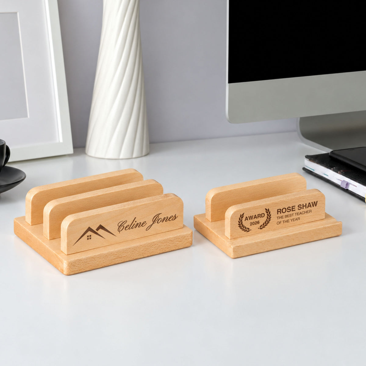Beech single and double slot laptop stands engraved with names