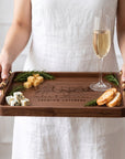Personalised black walnut cheese and charcuterie serving tray with brass handles