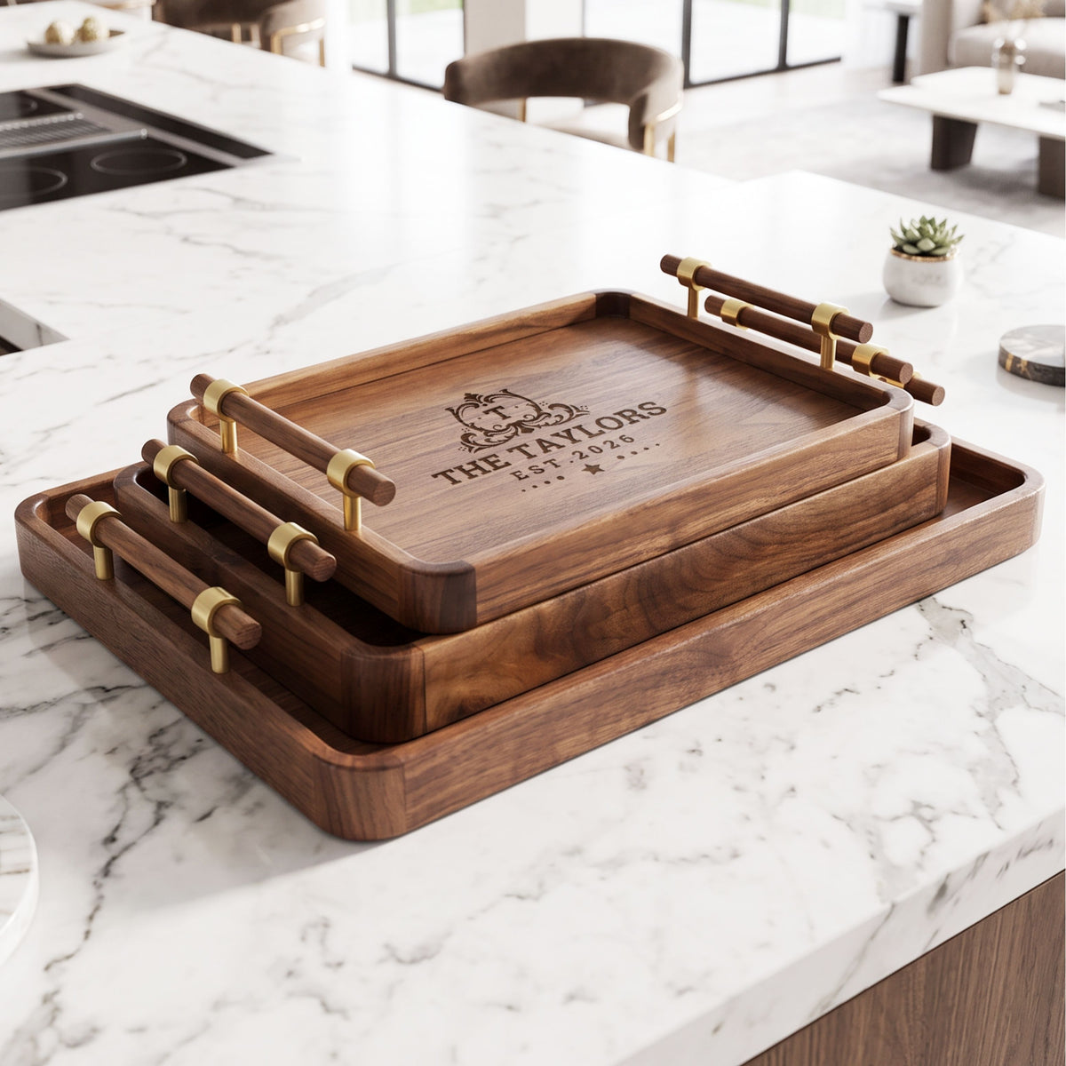Personalised black walnut serving tray set with brass and wood handles, engraved with a family name
