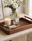 Personalised black walnut vanity tray with perfume and candle, engraved Mr and Mrs