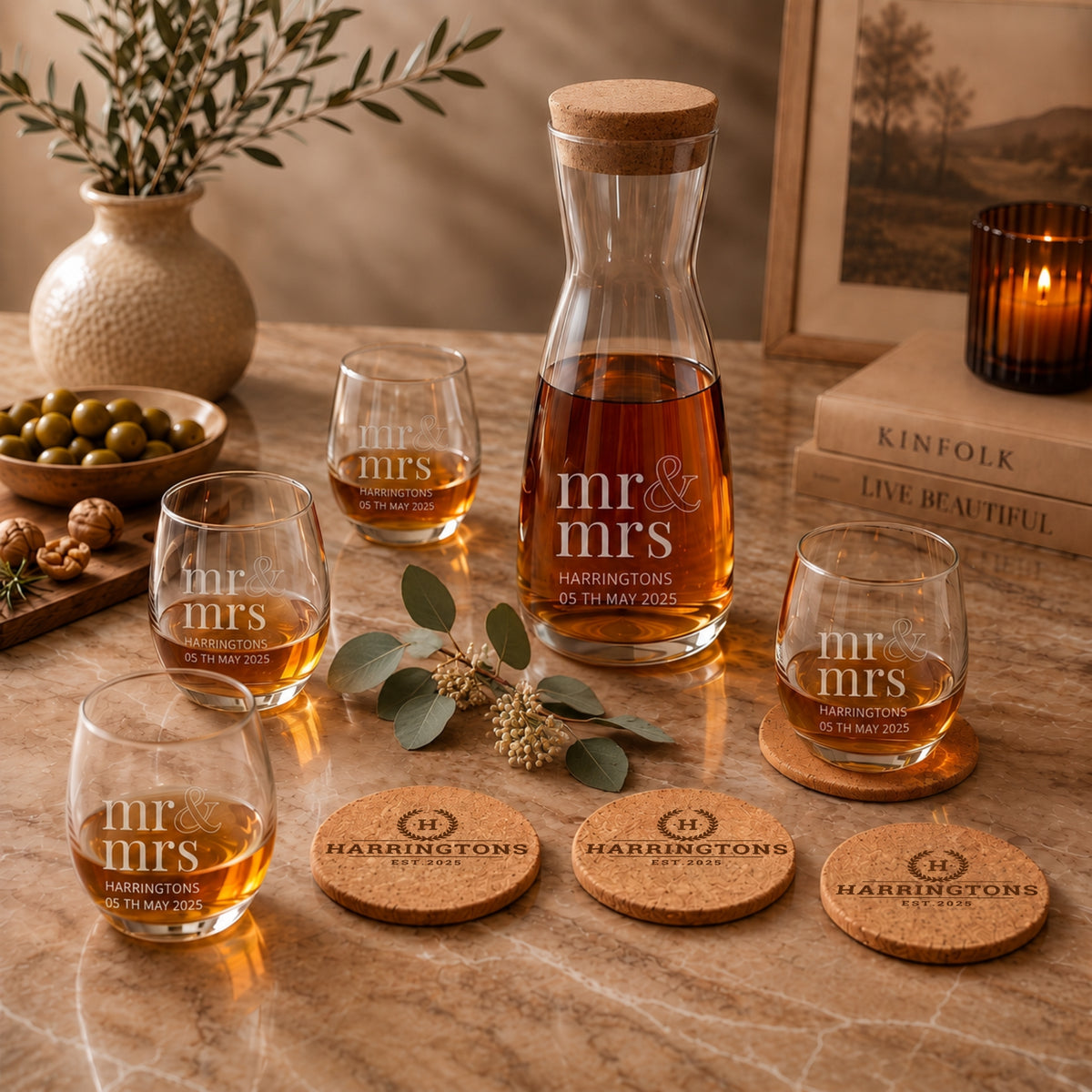 Personalised carafe, glasses and cork coaster serving set