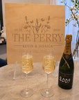 Personalised crystal champagne flutes in engraved wooden box