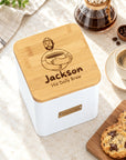 Personalised white steel coffee canister with a name engraved on the bamboo lid