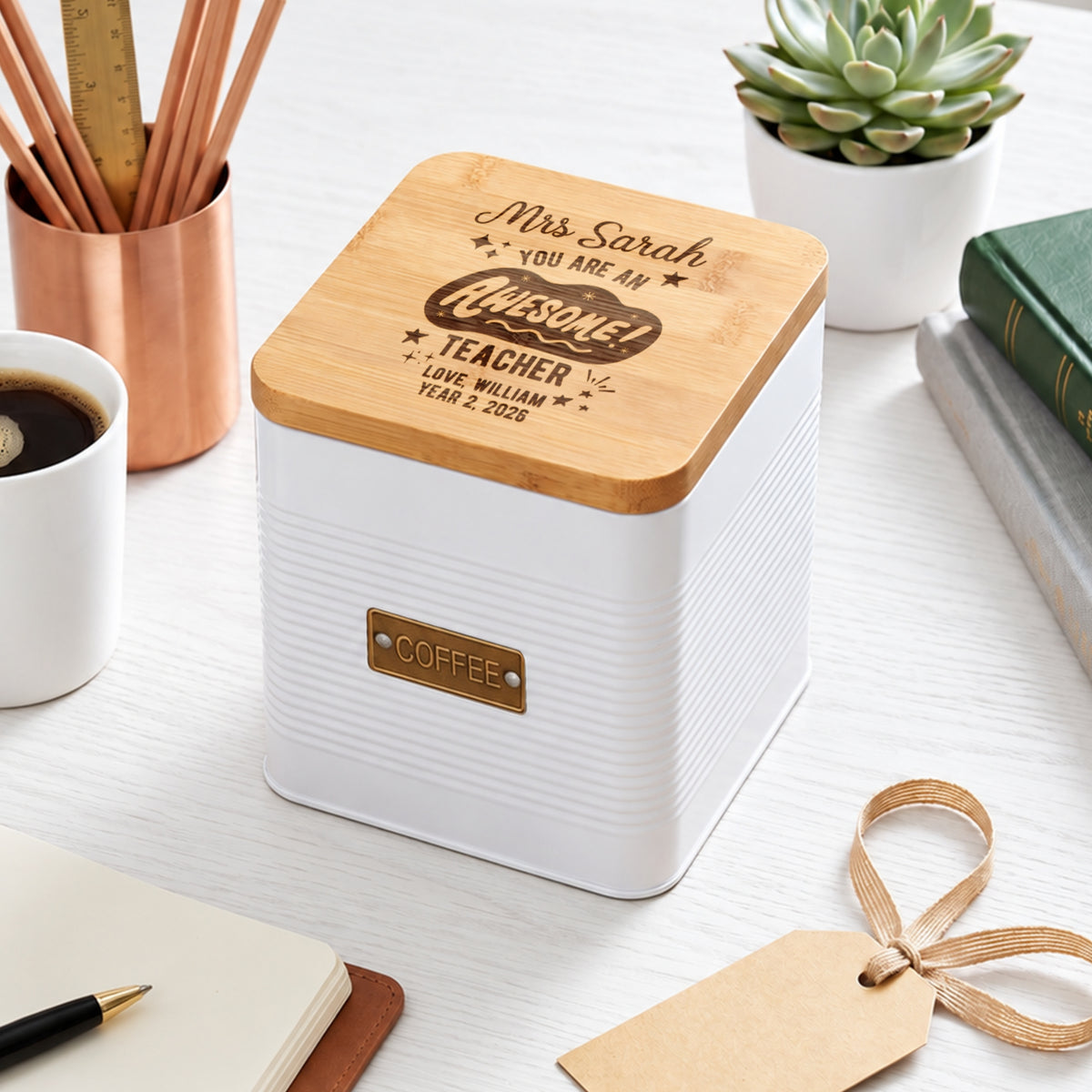 Personalised white steel coffee storage tin engraved as a teacher gift on the bamboo lid